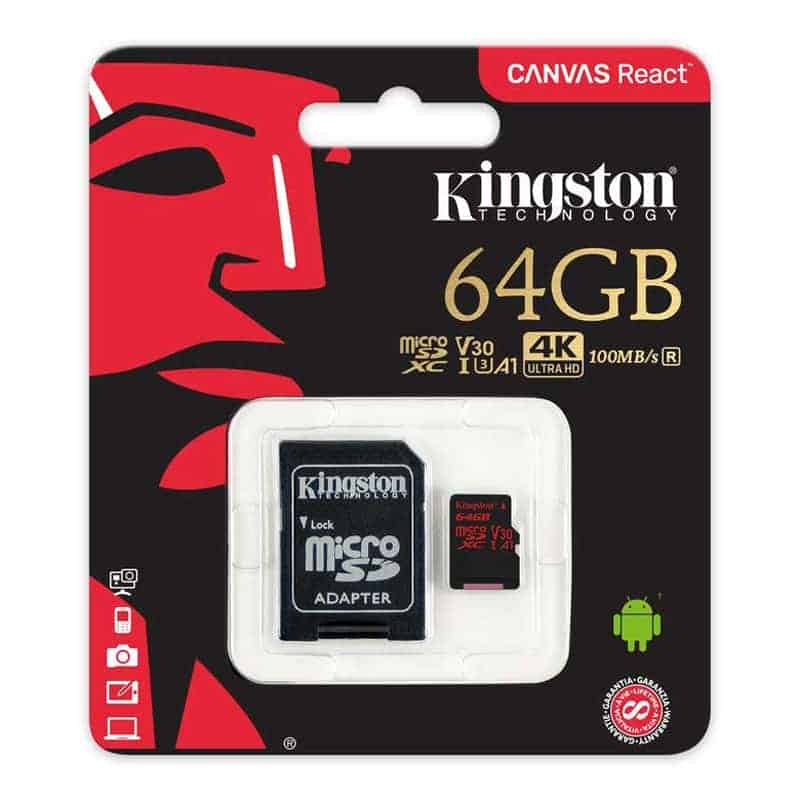 (image for) Kingston Canvas React 64GB Class 10 UHS-I U3 Micro-SDXC with SD Adaptor